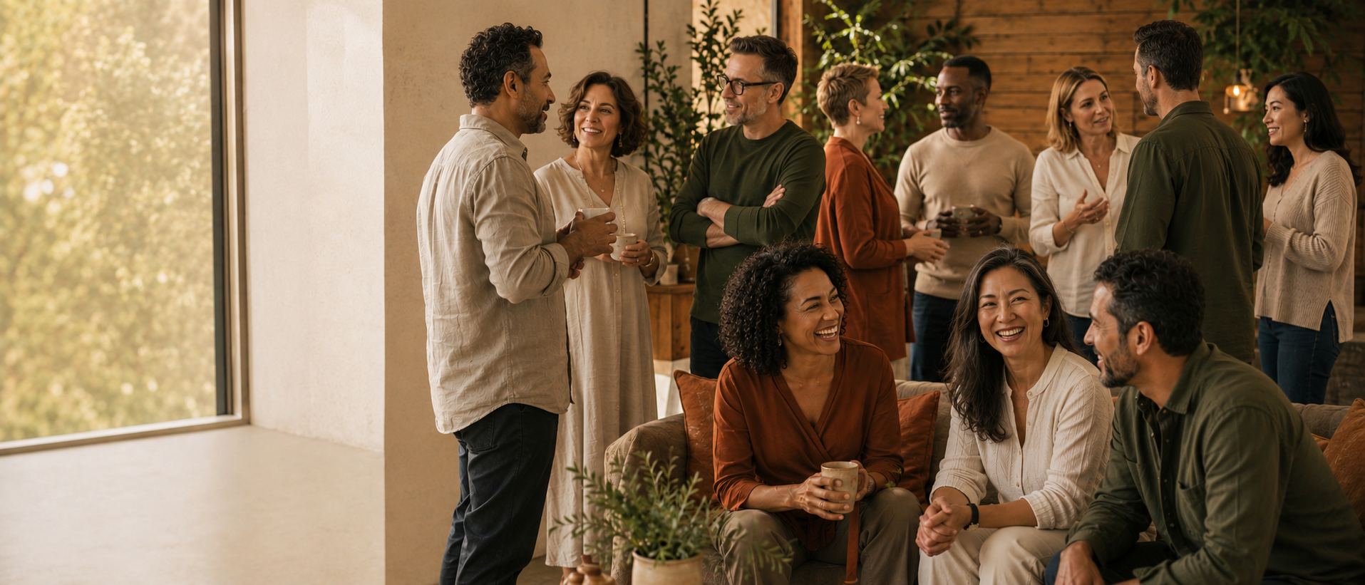 A diverse cohort gathered in conversation